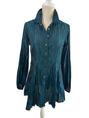 Cino Crinkle Shirt Tunic Iridescent Pleated Texture Royal Peacock Sz S